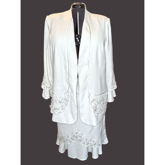 Harmony New York Elegant White 2-Piece Suit  Jacket & Skirt with Embroidered Det - Picture 2 of 14